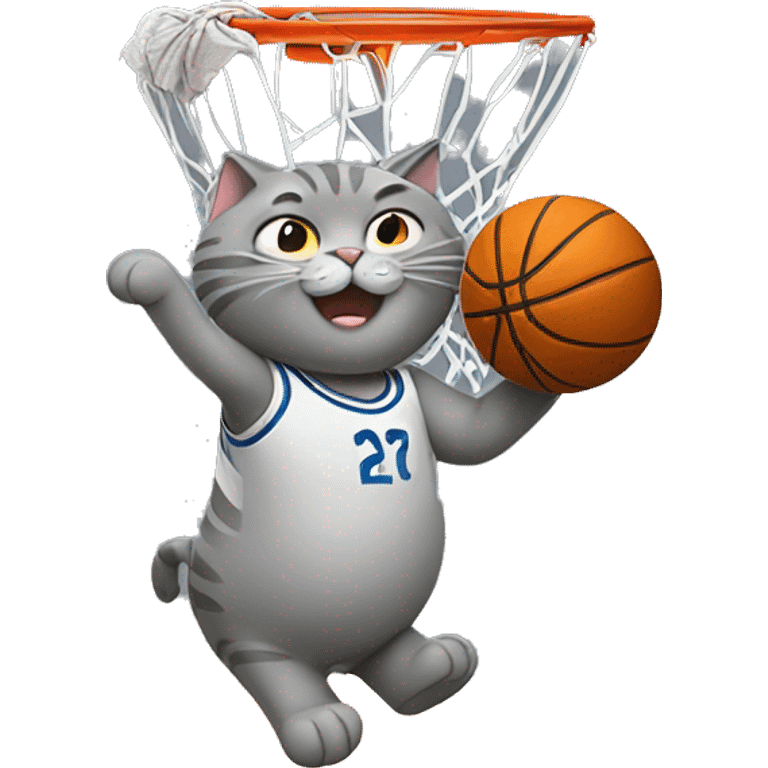 grey fat cat slam dunking basketball between legs emoji