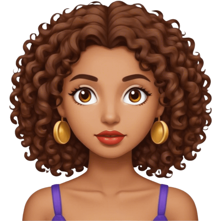 brown skinned woman with shoulder length curly brown hair, round face and beautiful eyebrows and lips emoji