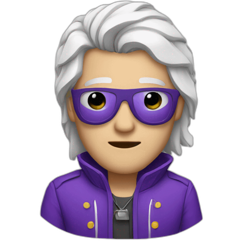 a men with a band on his eyes with white hair and a purple jacket emoji