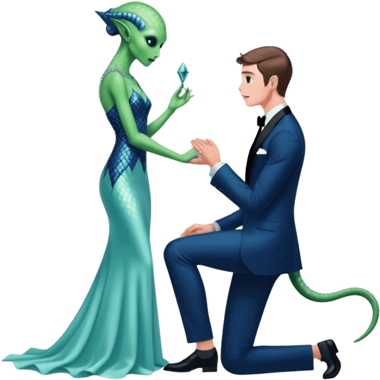 alien reptilian green skin woman, in long slim pastel blue formal party satin dress with gradient shiny sparkling navy blue diamonds embroidered , and caucasian man in black dres on his knees asks her to marry her emoji