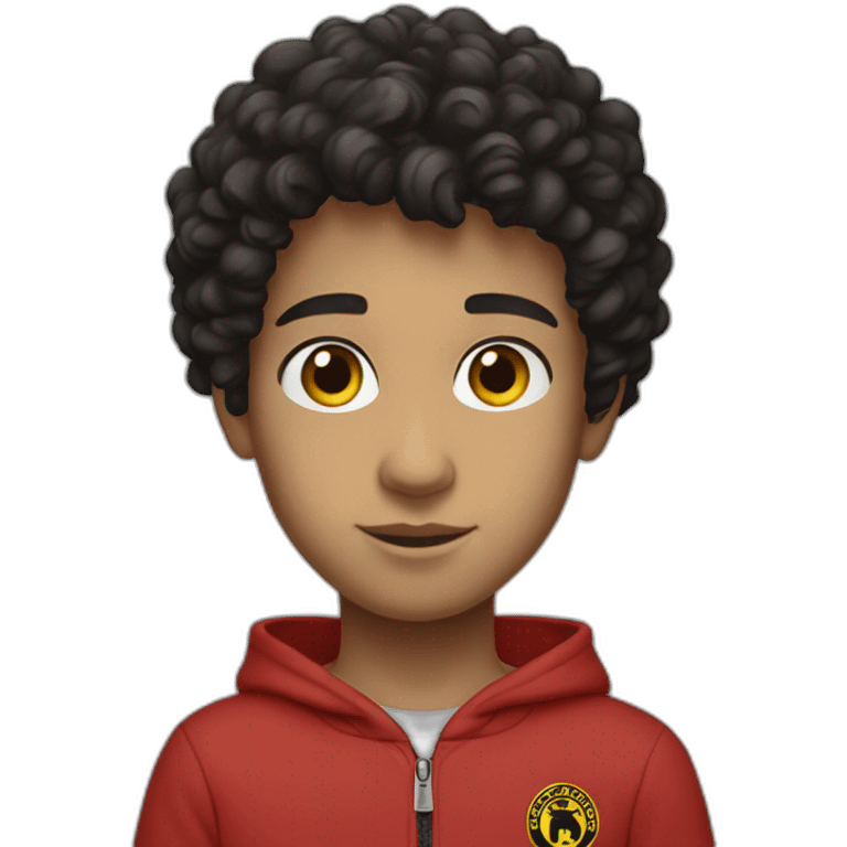 Boy, black curly hair, brown eyes, red sweatshirt Stone Island emoji