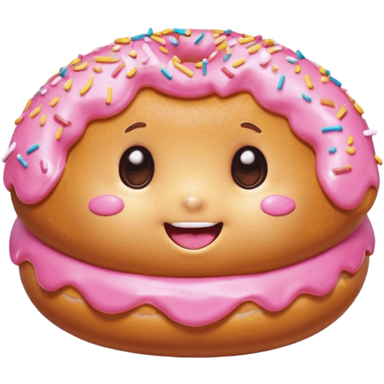 Cinematic tiny happy donut, round and fluffy, golden brown with pink icing and sprinkles, tiny adorable face with blushing cheeks, warm glowing background. emoji