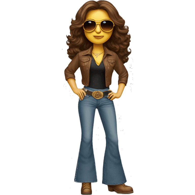 a 70's rockstar woman with bell-bottoms, long brown hair, hazel eyes, a t-shirt tucked into the bell bottom jeans and a belt. She is wearing aviators  emoji