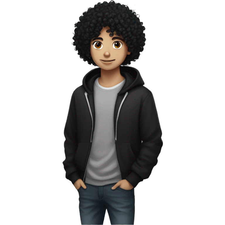 super curly long black hair, white skin teen boy, black hoodie, headphones on neck  emoji