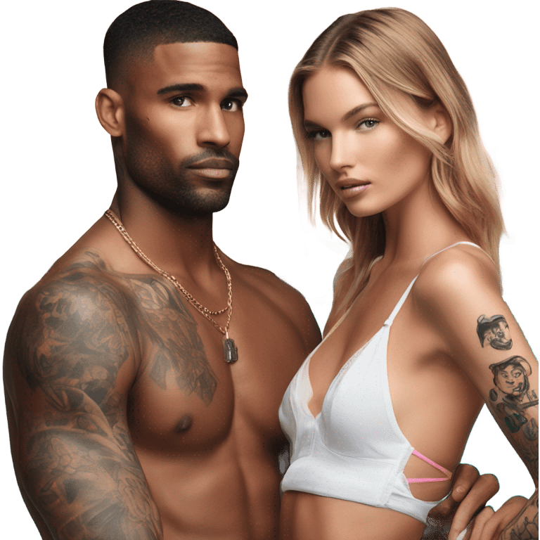 Photo of Victoria secret model by the pool with a tattooed male model  emoji