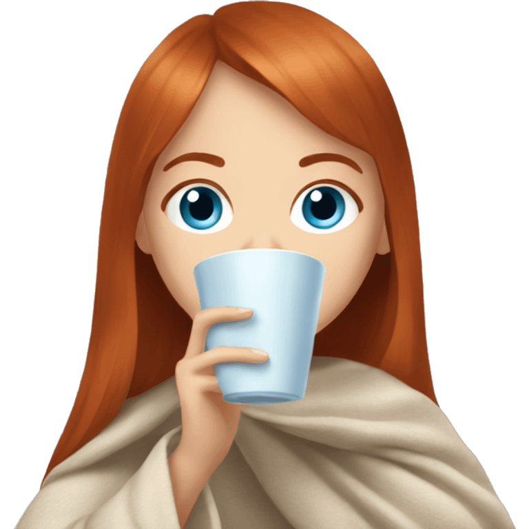 Redhead girl with straight bangs and blue eyes drink tea under blanket emoji