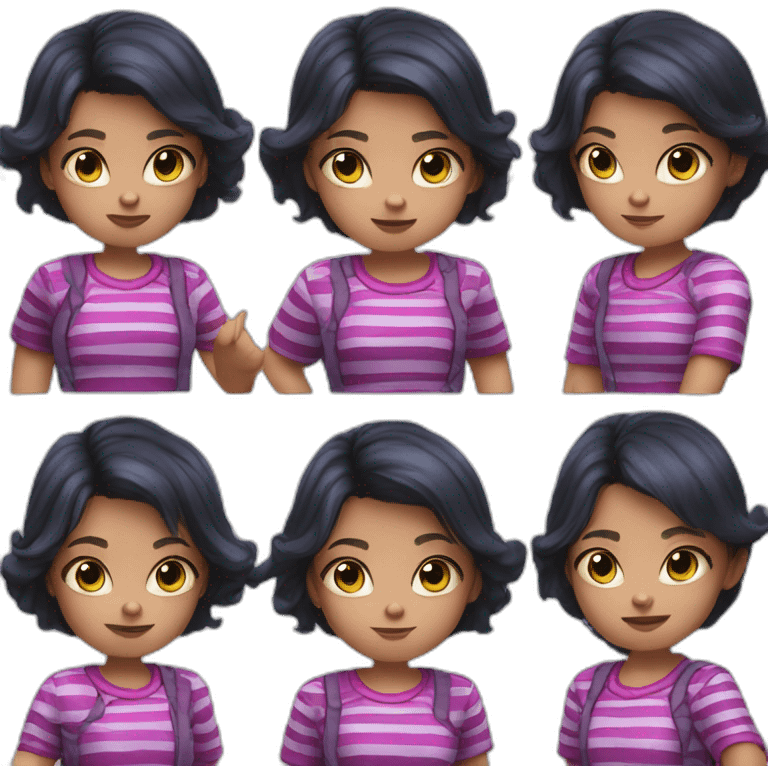 5 years old girl with dark brown short hair wears striped blue and magenta shirt giving a thumbs down emoji