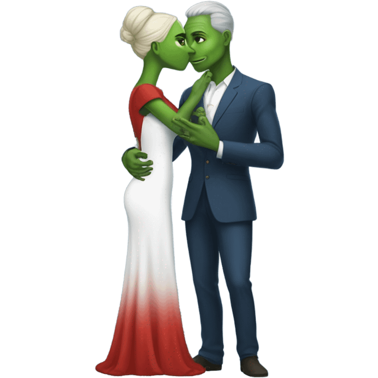 Beatiful tall green skin female reptilian in red dress, kissing white man in blue dress, full figure, full body emoji