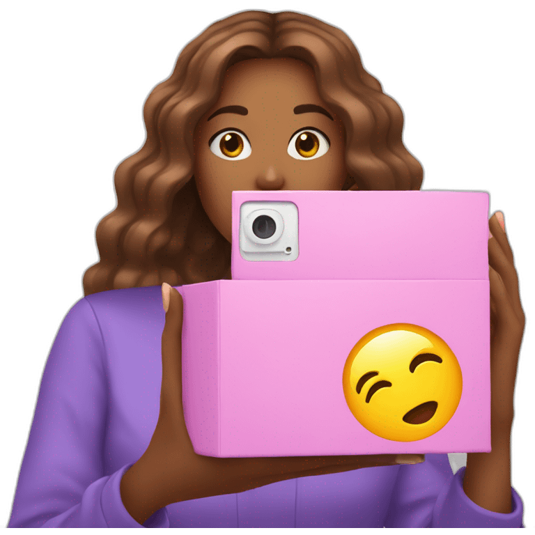 influencer taking a picture of herself holding a bright box in her arms emoji