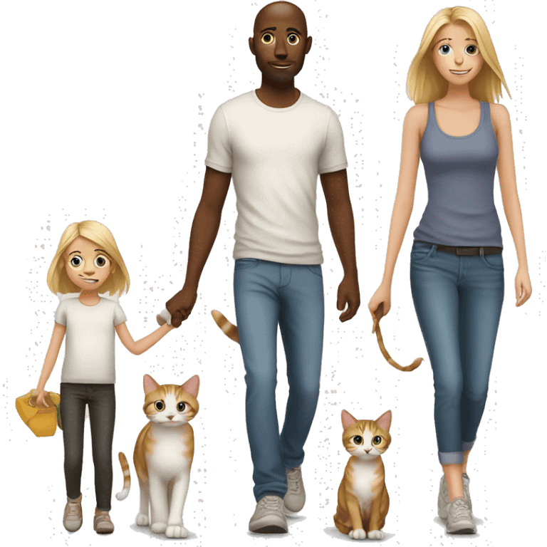 Young white Familie skinny casual walking and cats emoji