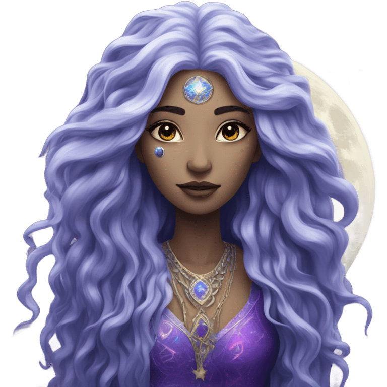 white mystical woman with sparkling galaxy hair with moon and stars in purple and blue shades emoji