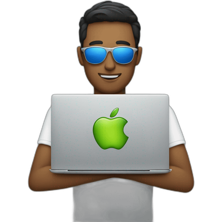 a guy in sunglasses behind a laptop with apple logo emoji