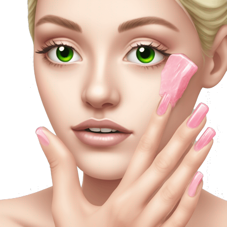 White Girl hand pink nails holding pink Gua sha and green eyes emoji