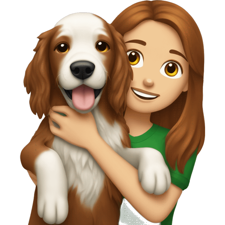 Brunette white girl hugging an irish setter dog emoji