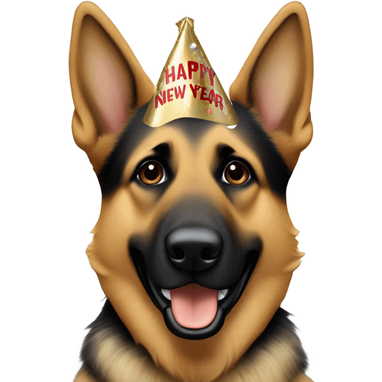 Blonde and brown German shepherd holding a sign that says “Happy New Year” emoji