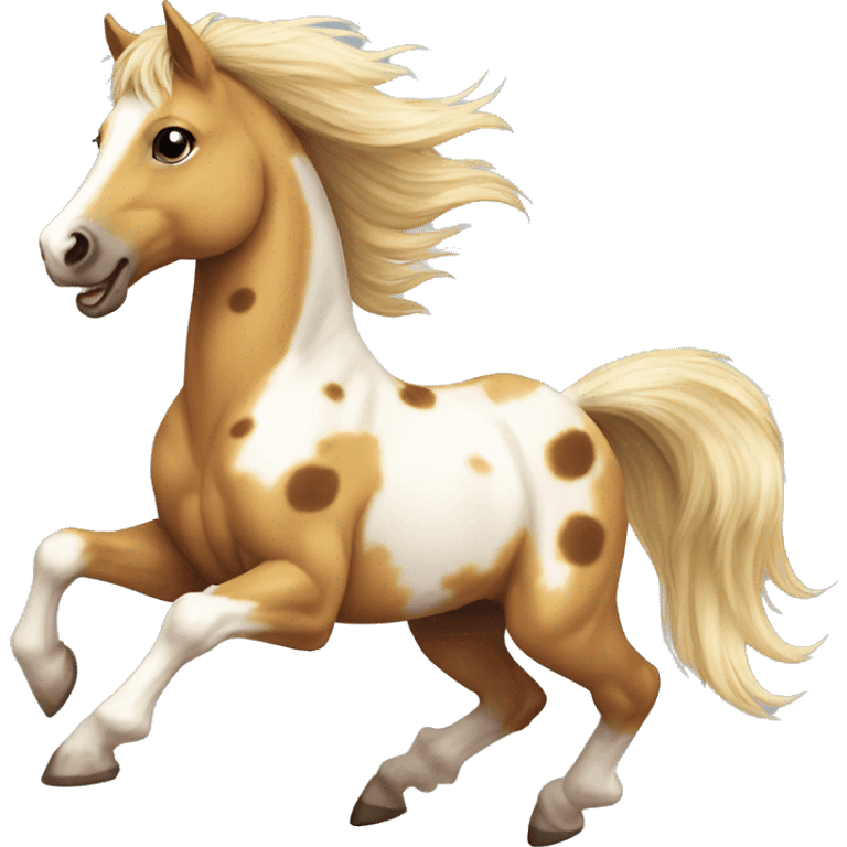 Scruffy Piebald tricolor palomino yellow brown pony with dark brown spots galloping running emoji