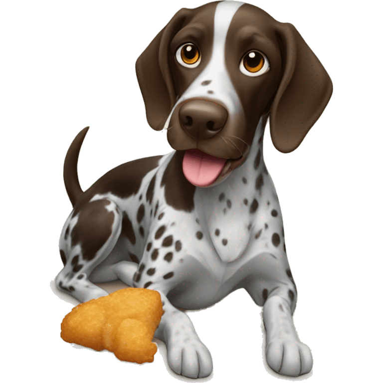 German pointer dog eating a chicken nugget emoji