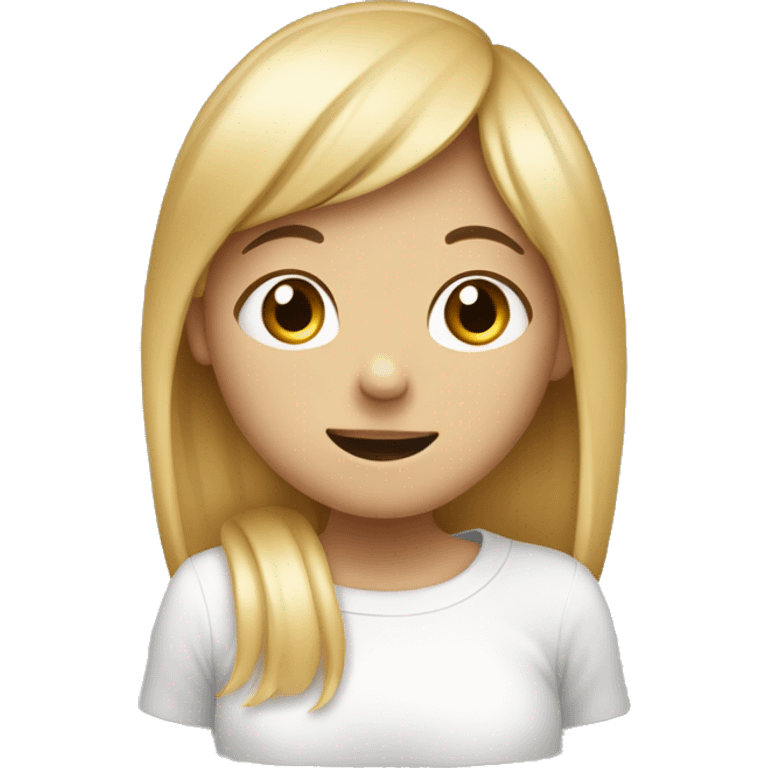 A very shy girl with red cheeks, a smiling girl with freckles on her cheeks, who covered her mouth with her hand out of shyness. She has blonde bangs. emoji