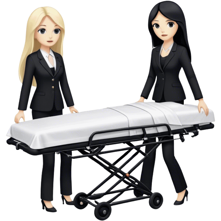 Two woman with long hair. One has black hair and one is blond. They have black pants suits on. And they are pushing a funeral stretcher in to a black Mercedes Vito. On the stretcher is a body covered in white sheets emoji