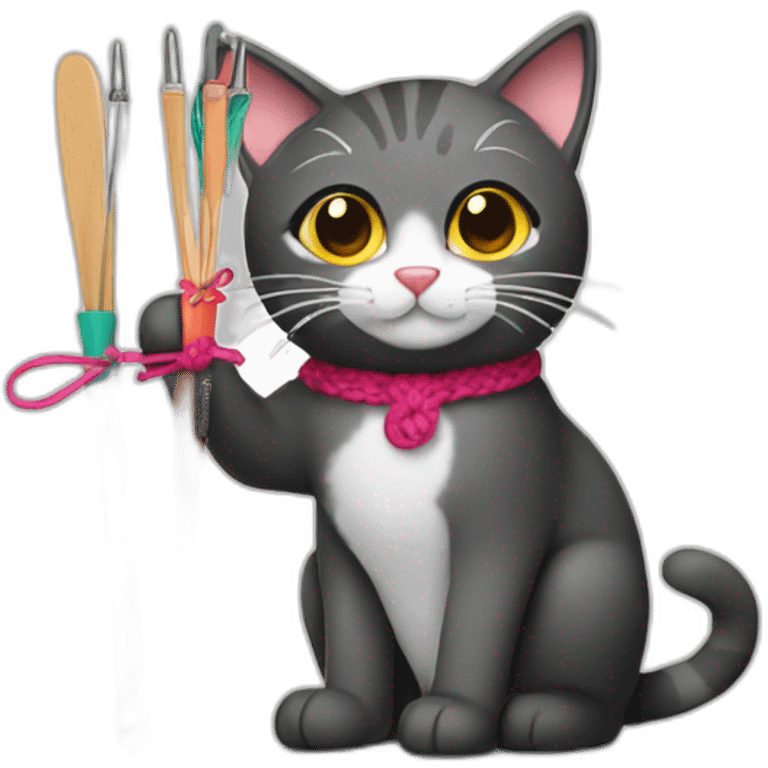 cat holding up crochet hooks and yarn emoji