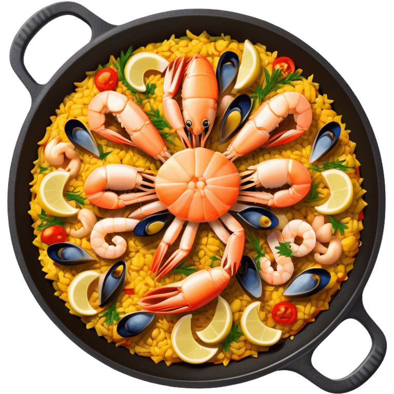 Cinematic Realistic Paella Dish Emoji, depicted as a vibrant, aromatic rice dish loaded with seafood, chicken, and saffron rendered with rich textures and dynamic, warm lighting. emoji