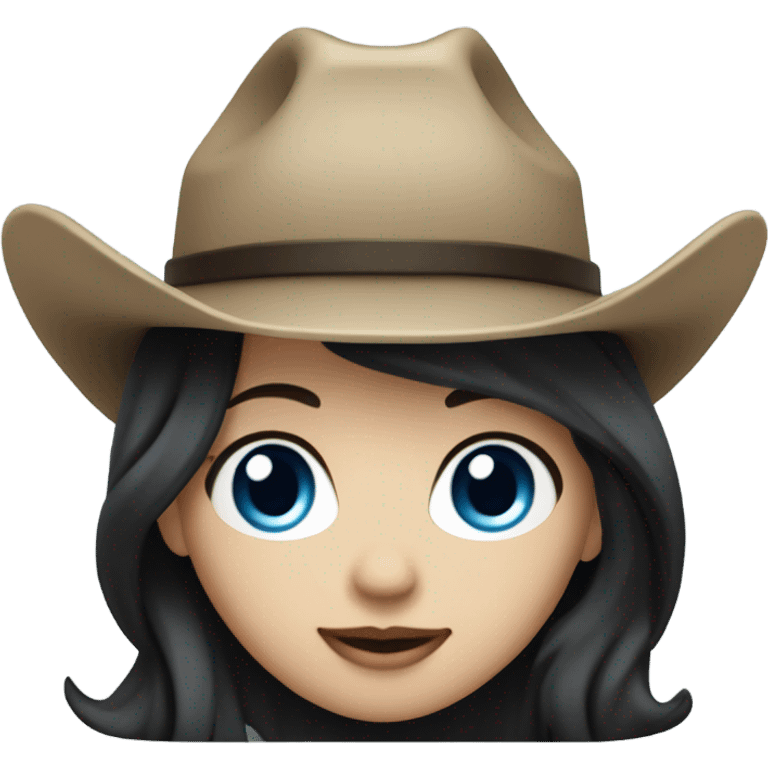 Flowing hair, Blue eyes cowgirl, pale skin, black hair, black cowgirl hat emoji