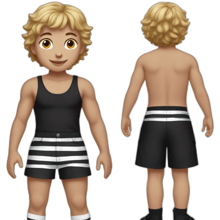 a young boy who wears a black tank top, long black socks, and black and white striped shorts. emoji