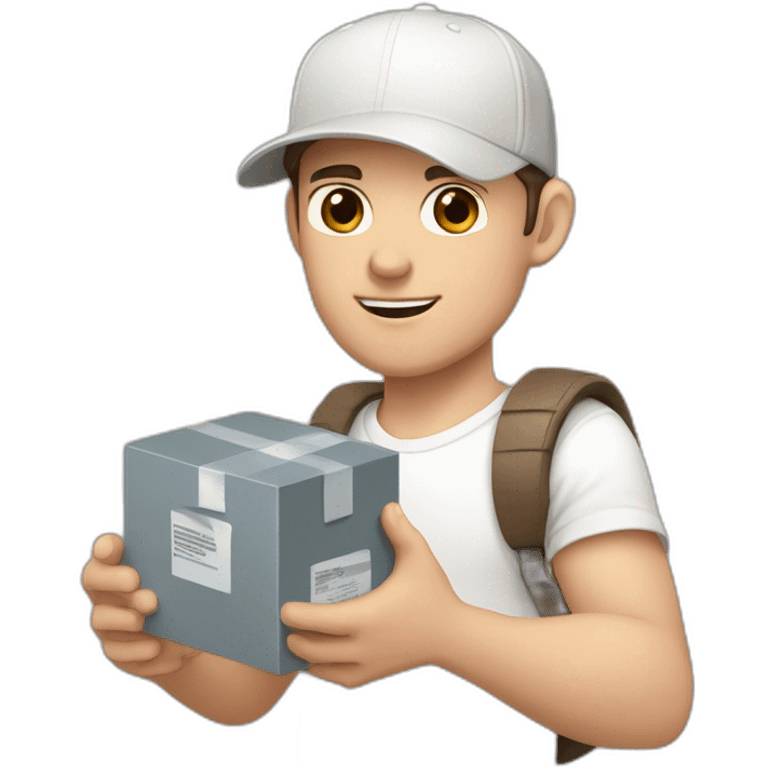 Pale skinned fit Man with dark brown hair in a white cap, gray jeans and beige polo T-shirt keeping a pasted box into his hands emoji