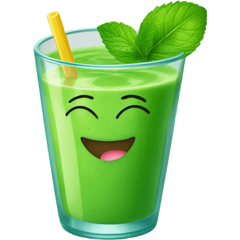 Generate a bright green smoothie emoji in a glass cup with a straw, decorated with a mint leaf and a smile. emoji