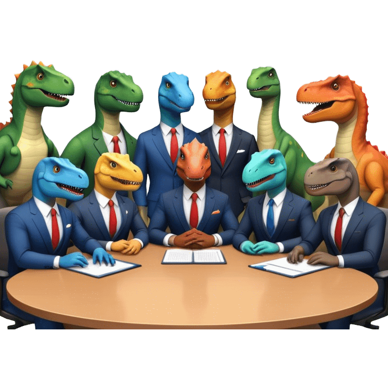 different office dinosaurs in suits sitting along the conference table emoji