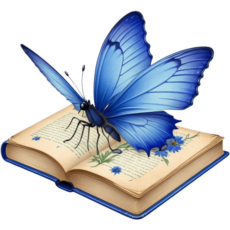 A vintage book with a worn blue cover, open to reveal pressed blue cornflowers and a resting green butterfly. emoji