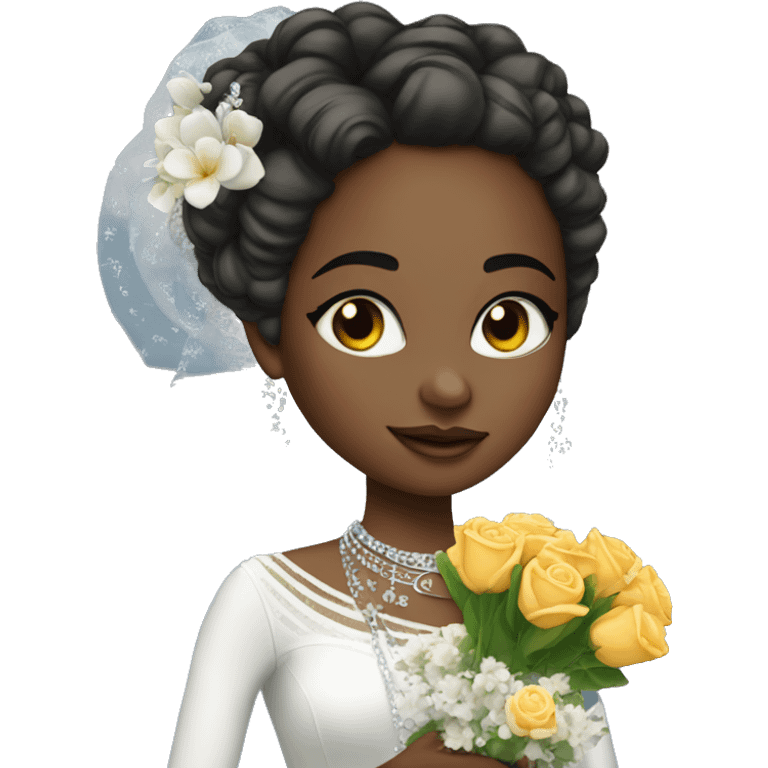 African bride. Glitter makeup. Long low curly ponytail. Silver jewelry. Holding flowers. Eyes closed. emoji