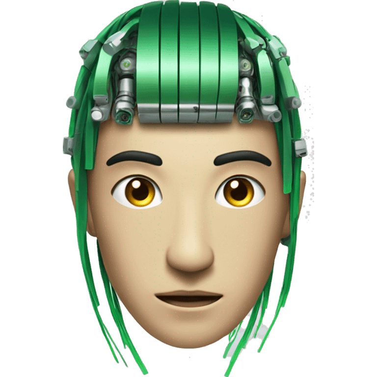 Head of Asian male cyborg with long green hair and circuits emoji