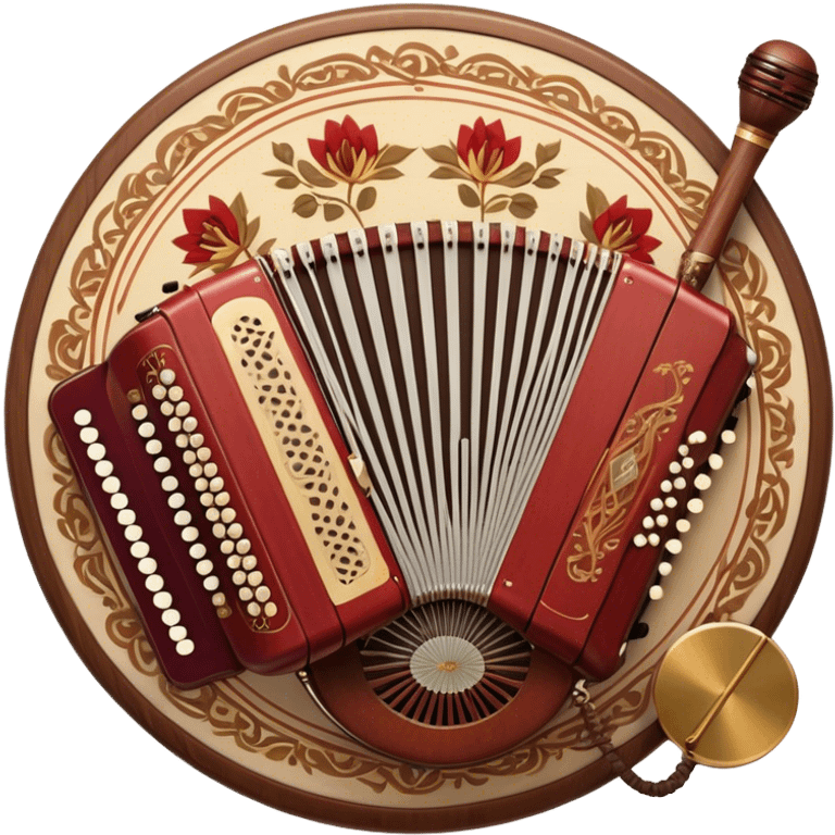 Create a warm and authentic humanless emoji representing folk singing. The design should feature a traditional folk microphone at the center, surrounded by classic instruments such as a bayan (button accordion), gusli (a traditional Russian zither), and a tambourine. Arrange these instruments in a harmonious, circular pattern to evoke a sense of folk music and community performance. Use natural, earthy colors like wood brown, deep red, and golden accents to reflect the rustic and heartfelt spirit of folk music. Add subtle musical notes to the background to convey the rhythm and harmony of the performance. The background should be transparent. emoji