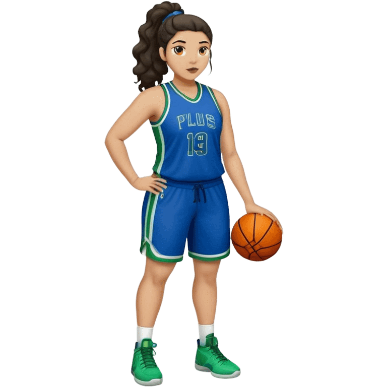 full body plus size light skin latino women basketball player with wavy dark hair in pony tail wide nose wearing blue uniform with green accent emoji