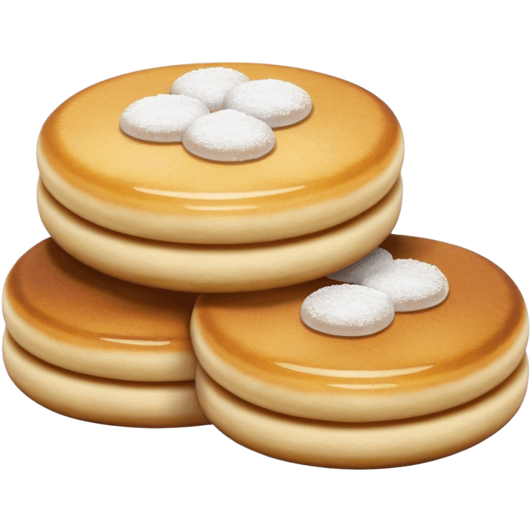 Cinematic Realistic Poffertjes Dessert Emoji, depicted as small, fluffy mini pancakes dusted with powdered sugar rendered with lifelike texture and warm, inviting lighting. emoji