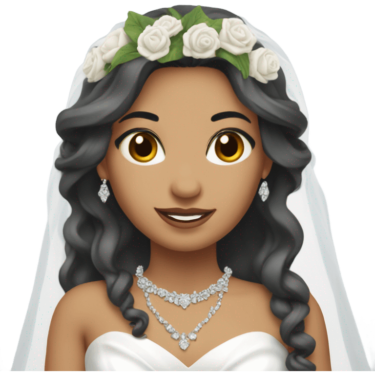 torso of a latina bride with long hair, silver jewelry and a bouquet emoji