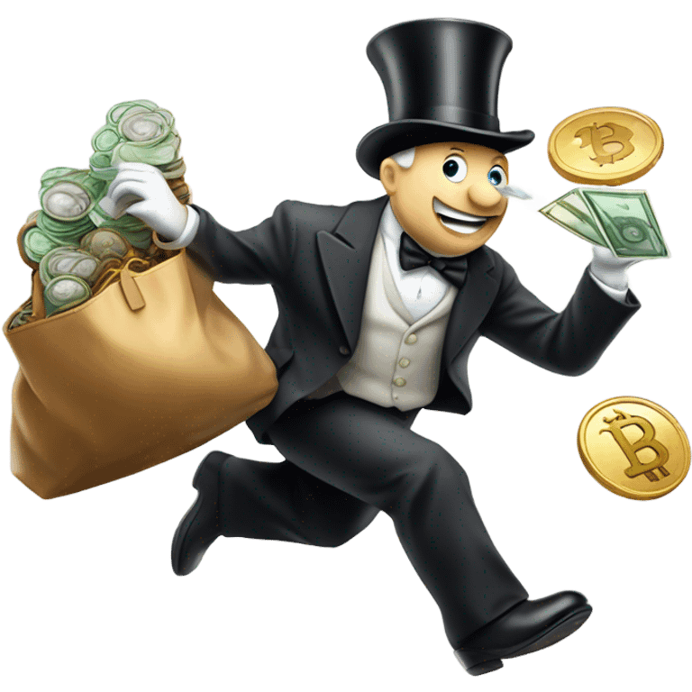 Monopoly man running with bag of crypto coins emoji