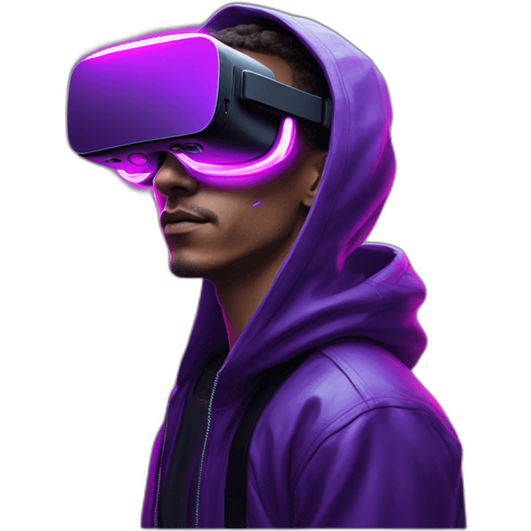 Cyberpunk style. Violet neon. Man with light skin in the black hoody with violet OMG VR logo on it wearing vr headset oculus quest 2 emoji