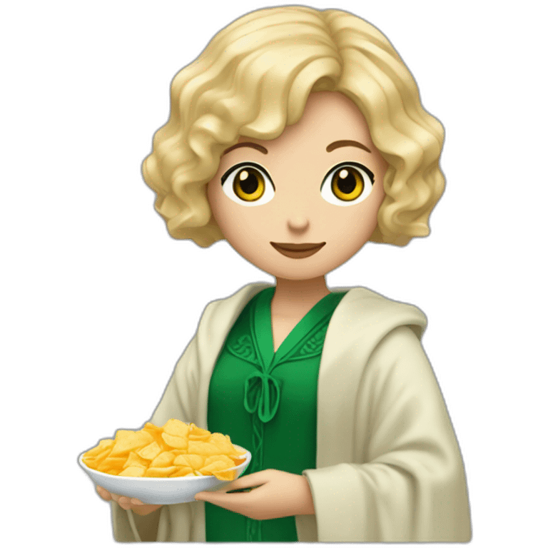 Blue eyes Slytherin girl with short wavy ash blonde bob hair eating chips and cheese hogwarts robe emoji