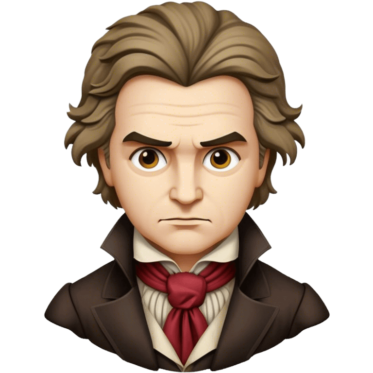 Cinematic Realistic Beethoven Portrait Emoji, depicted as a passionate composer with intense expressive features in period attire, rendered with rich textures and dramatic moody lighting that captures the turbulent genius of his music. emoji