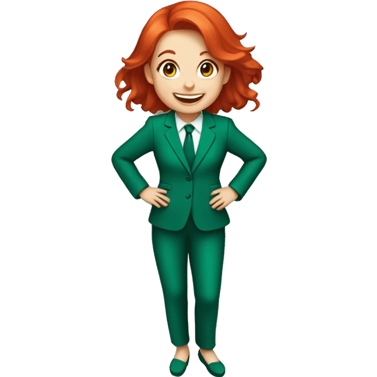 a girl with red hair, wearing an emerald pantsuit, ((cheerful, laughing)), surrounded by a white outline, on a transparent background emoji