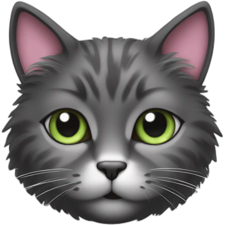 fluffy dark grey cat with white spots near the pink nose, green eyes and white long whiskers emoji