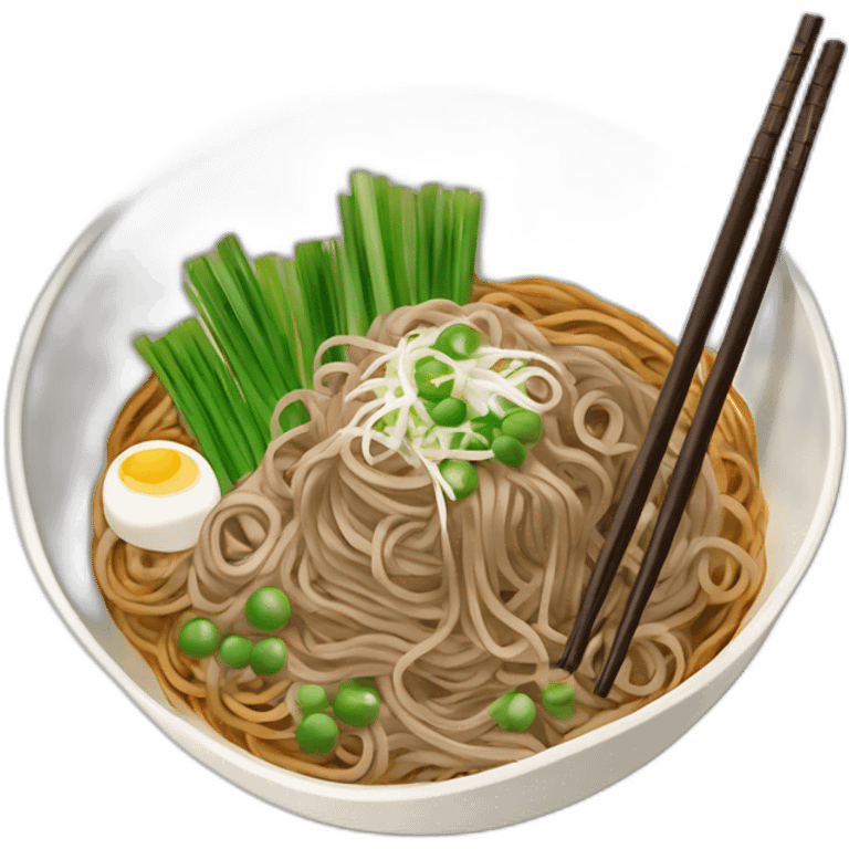 bowl of japanese buckwheat soba noodles with two chopsticks and spring onions emoji