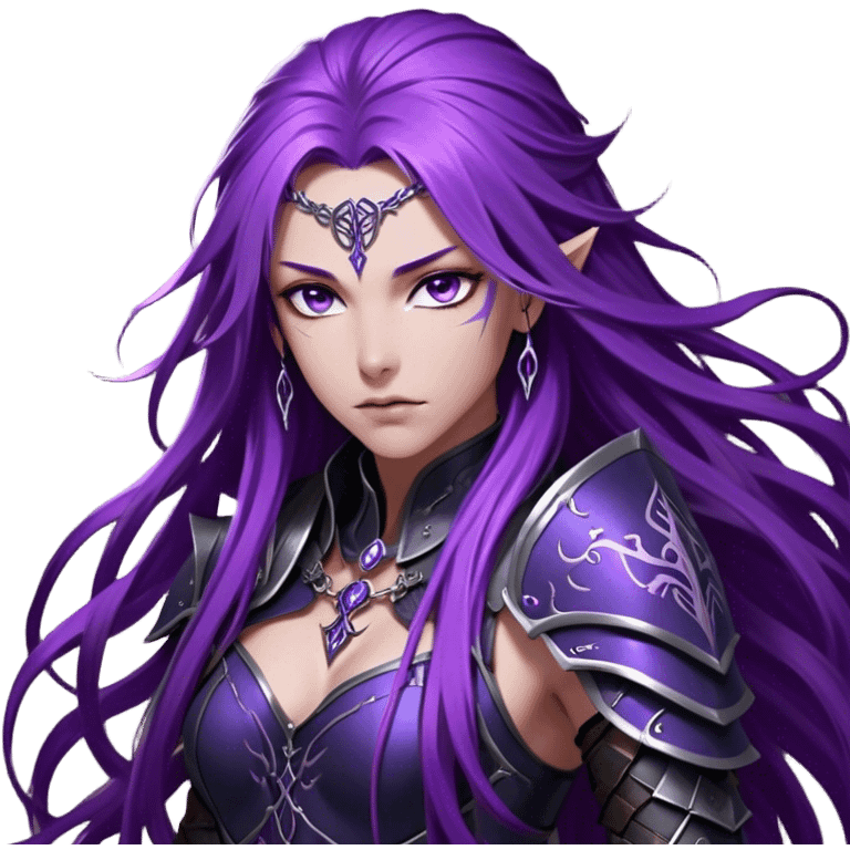 A mysterious warrior girl with long, flowing purple hair cascading down her back, strands catching the dim light like silk. Her piercing violet eyes glow beneath her furrowed brow, sharp with determination and wisdom beyond her years. She wears sleek black armor, a perfect fusion of elegance and lethality, adorned with intricate silver engravings resembling ancient runes. A dark cape billows behind her, torn at the edges from countless battles. emoji