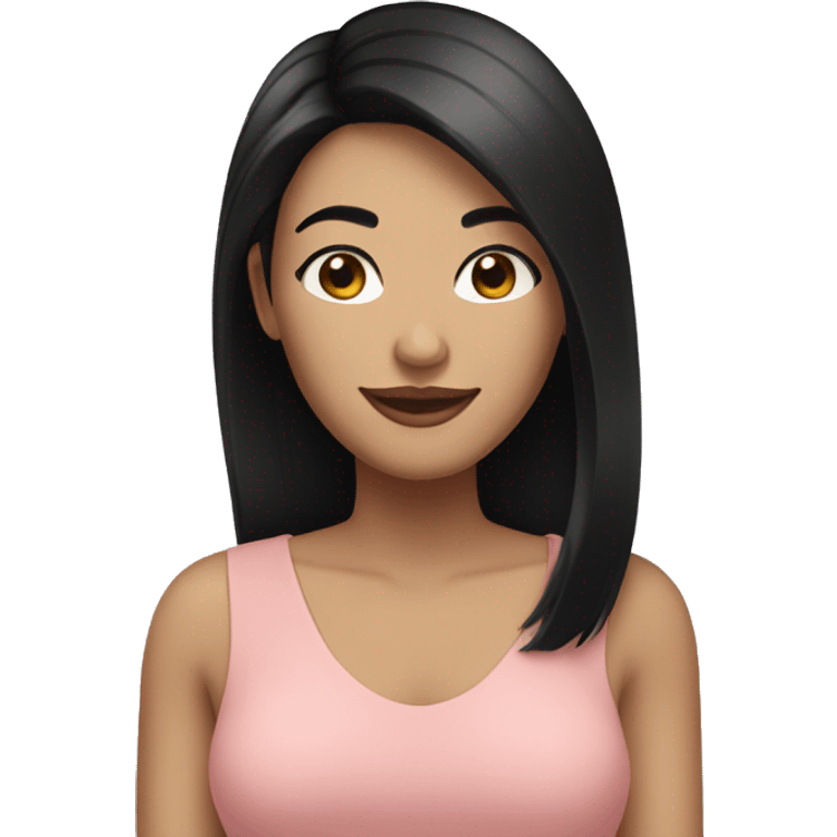 brunette woman with straight black hair below her shoulders, black eyes smiling emoji