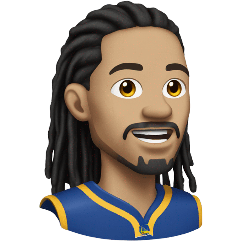 very light skin with freckles guy almost pale with 2 strand black dreads yelling with a steph curry jersey on with dread that are long to his shoulders and a black long sleeve shirt under. goatee and mustache. no beard or side urns emoji