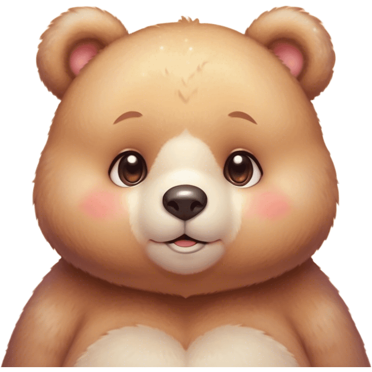 Cinematic cute soft bear, chubby round face, tiny ears, warm fuzzy fur, blushing cheeks, sparkling kind eyes, soft glowing background, heartwarming and huggable. emoji