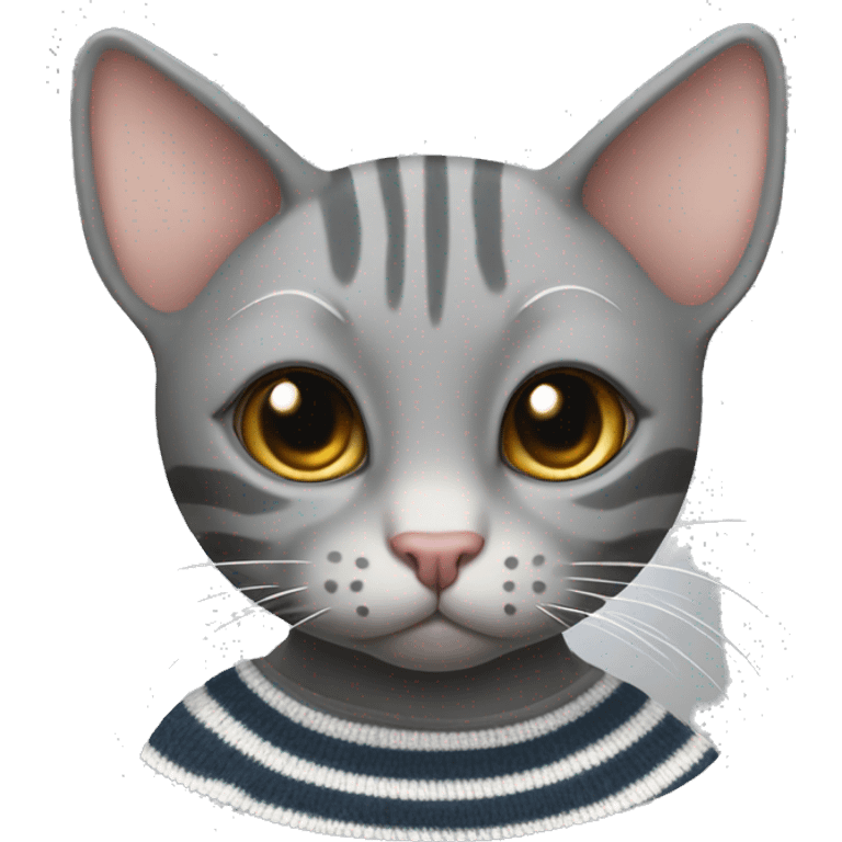 Hairless gray cat with a white snout and mole grey dot cat wearing a striped sweater  emoji