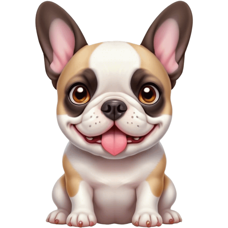 Cinematic Cute Pied French Bulldog Portrait Emoji, Head tilted with a sweet, mischievous grin and large, inviting eyes, featuring a unique pied fur of contrasting colors, simplified yet irresistibly endearing, highly detailed, glowing with a warm, playful radiance, high shine, exuding a quirky charm and affectionate personality, styled with a soft, lighthearted outline, capturing the essence of a cute Pied French Bulldog that looks ready to charm its way into your heart! emoji